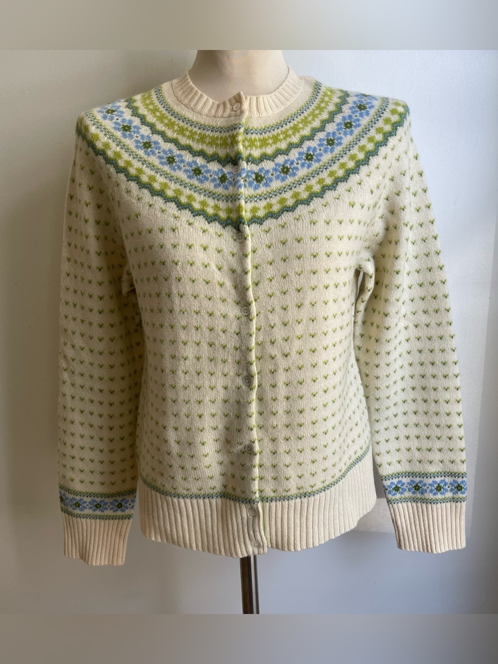 Vintage J. Crew Lambs Wool Fair Isle Sweater Cardigan Knit Cream Blue Green XL